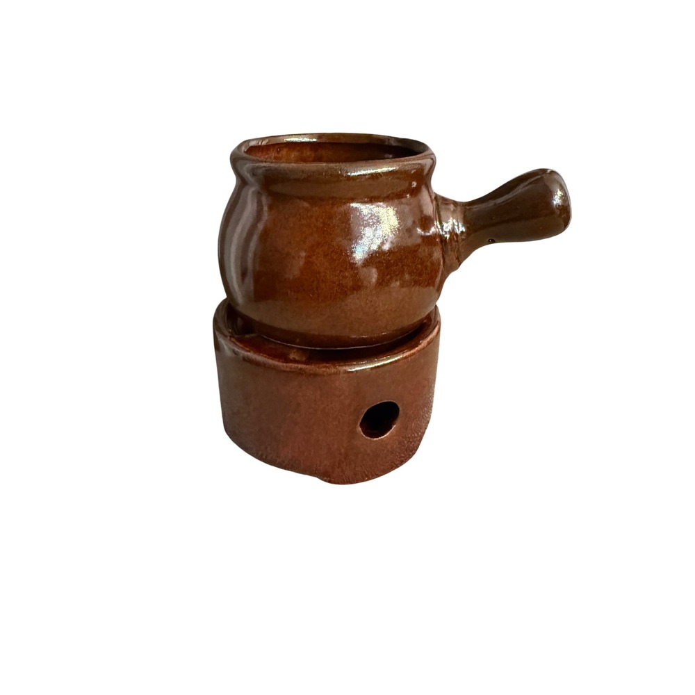 Vintage Brown Ceramic Butter Warmer Mini Fondue Pot with Tea Light Base 2 Piece